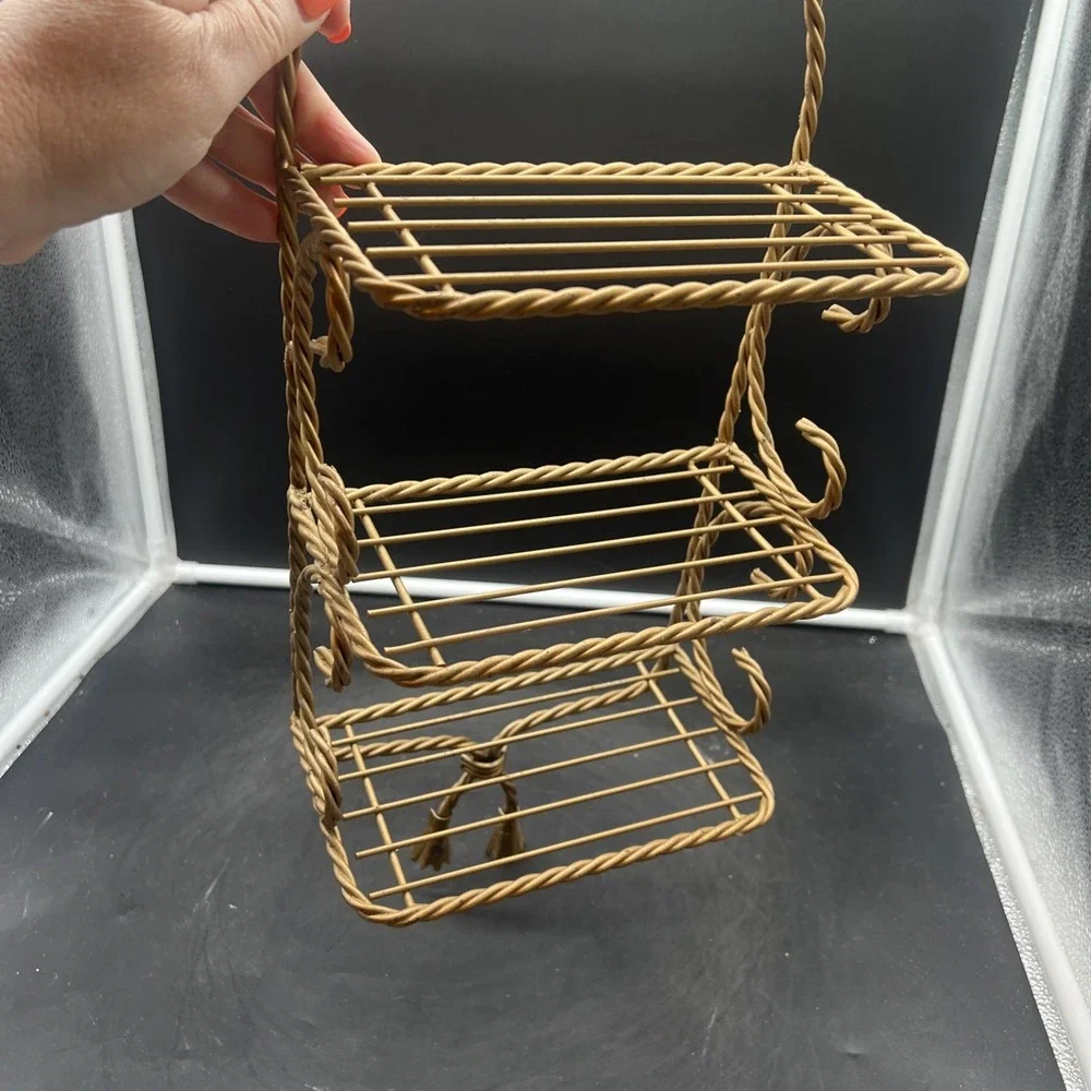 Vintage Hollywood Regency 3 Tier Wall Shelf Twisted Rope Gold Metal Homco